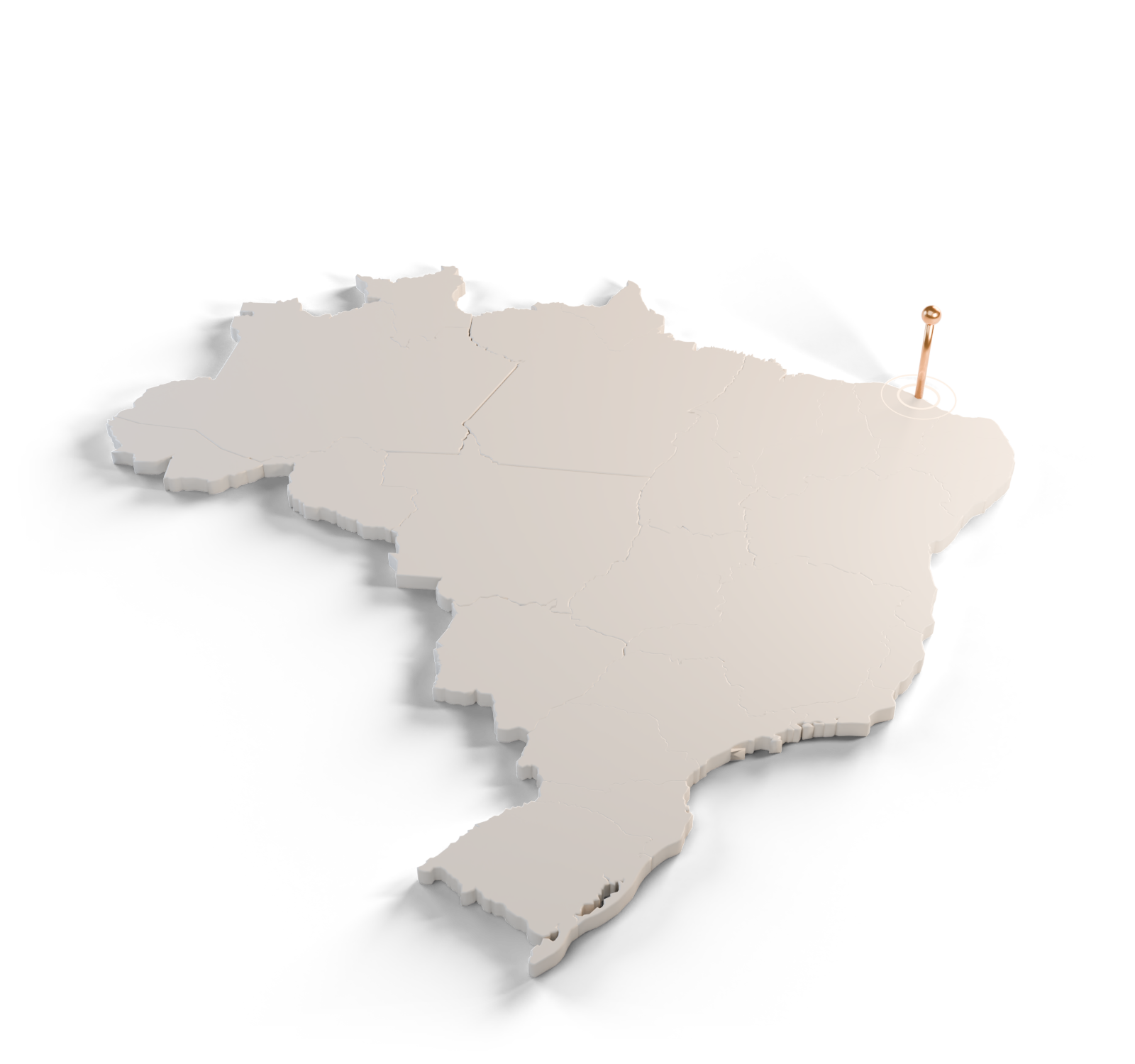 Mapa do Brasil em relevo, com os estados em destaque e um marcador em Fortaleza, no Ceará, sede do escritório, que atua em todo o território nacional.